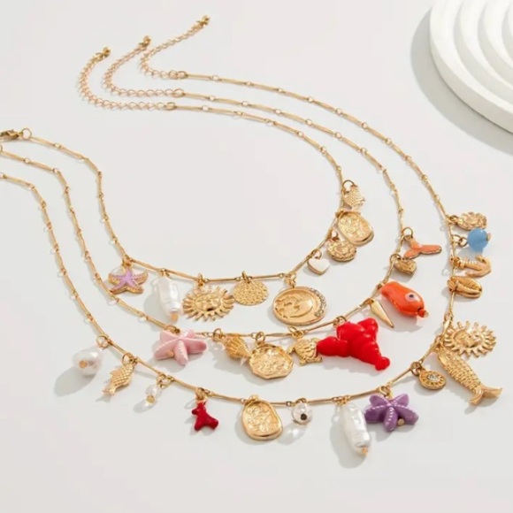 NEW 3 layer Boho alloy Gold Multicolor Charm Necklace Set